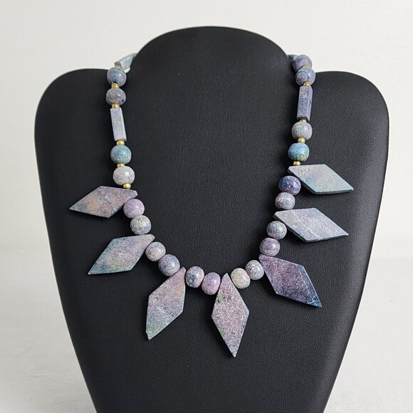 Handcrafted Artisan Beaded Necklace With Diamond Shaped Stone Pendants Purple - Picture 3 of 10